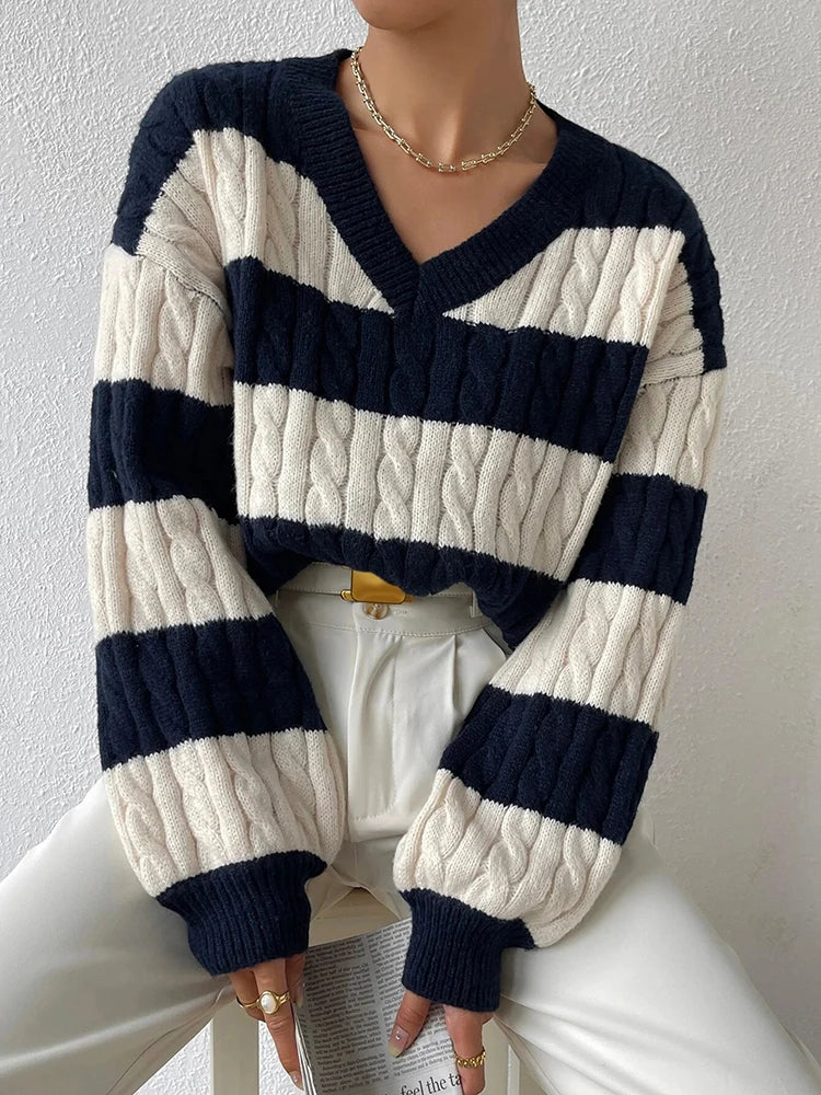 Navy & White V-Neck Pullover