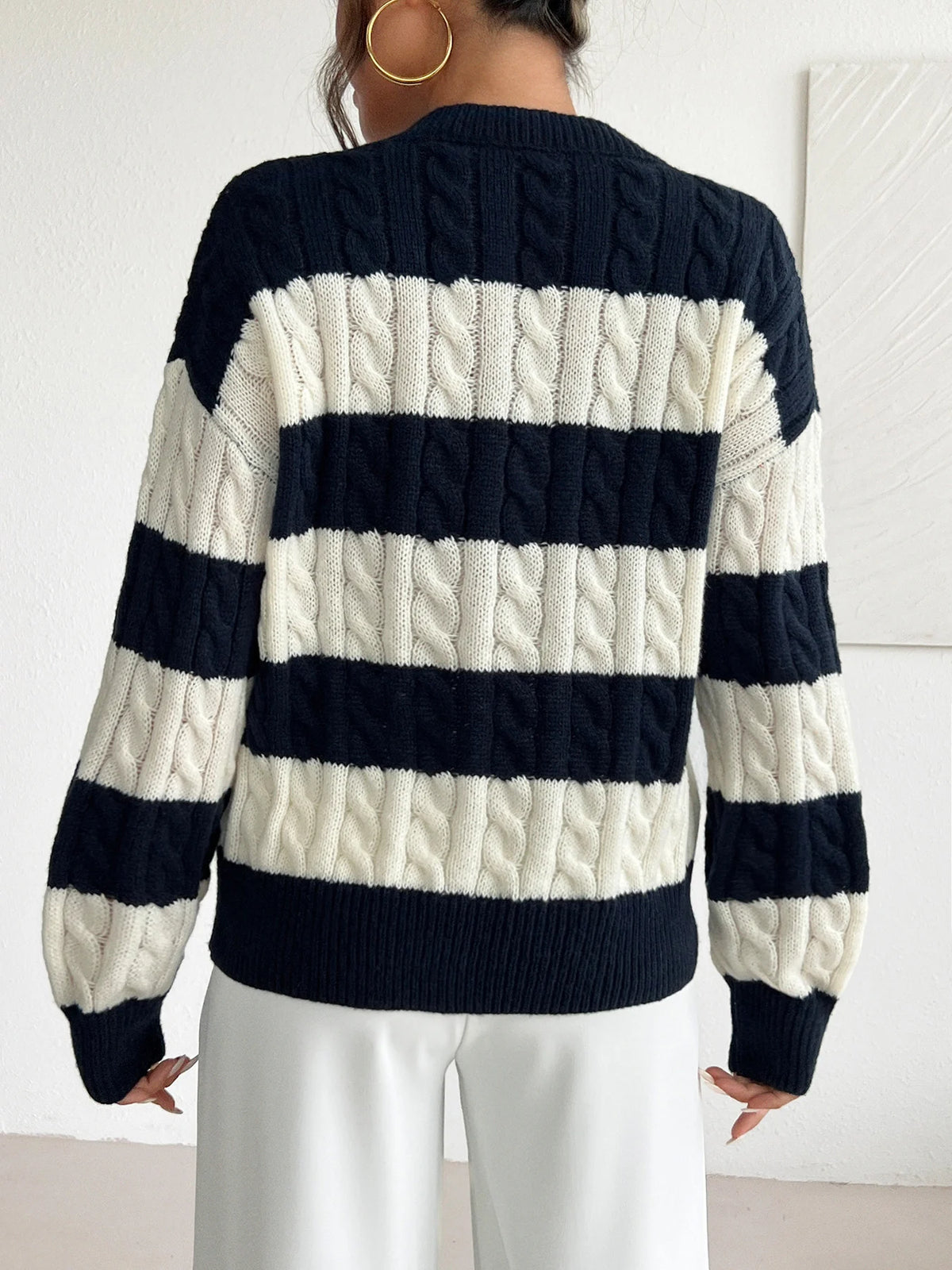 Navy & White V-Neck Pullover