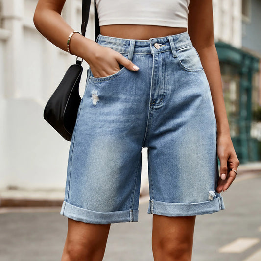 Washed Out Fifth-Cut Denim Shorts
